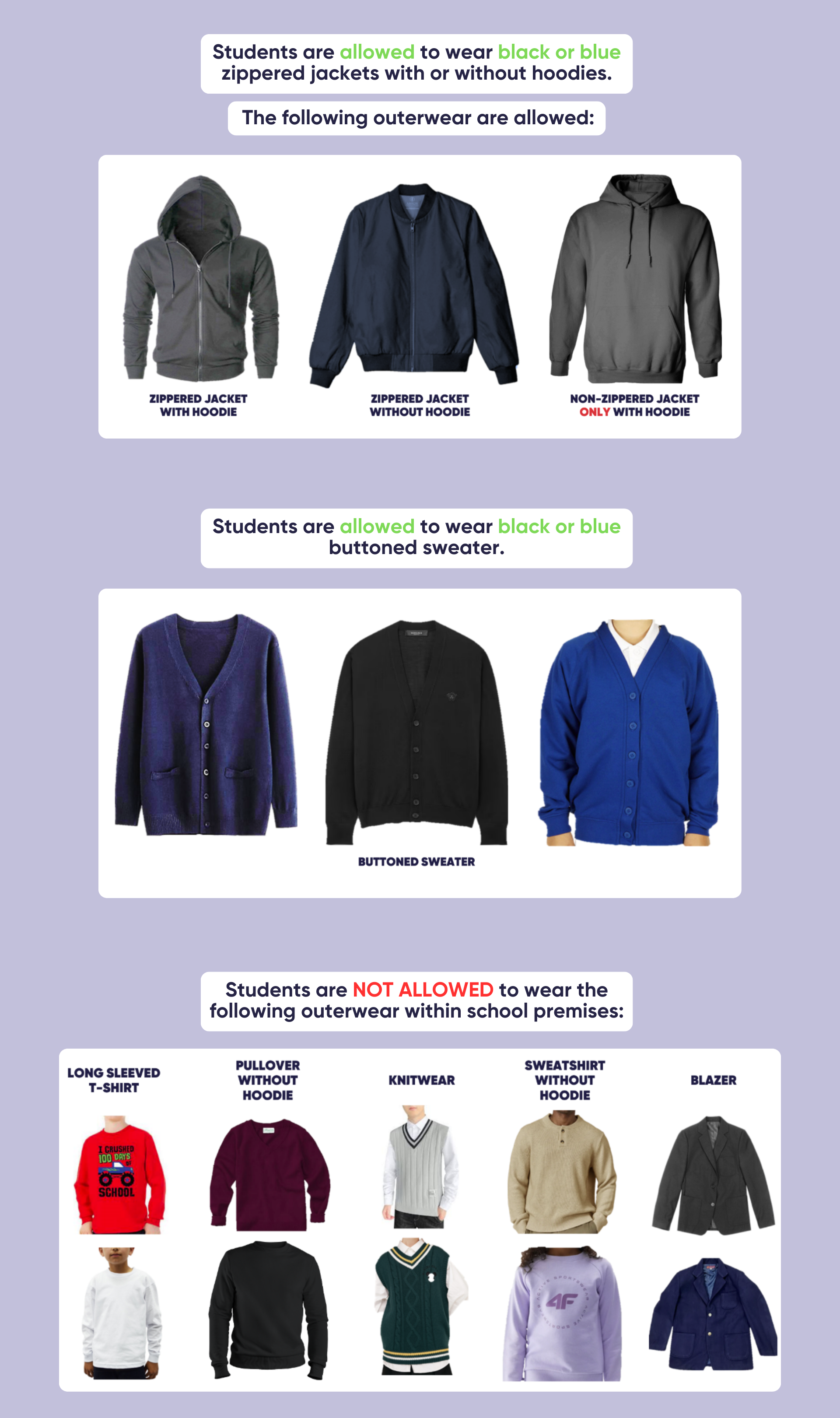 A jacket policy chart outlining allowed jackets inside the school, including black or blue jackets and buttoned sweaters, and listing not allowed items such as long-sleeved t-shirts, pullovers without hoods, knitwear, sweatshirts without hoods, and blazers.